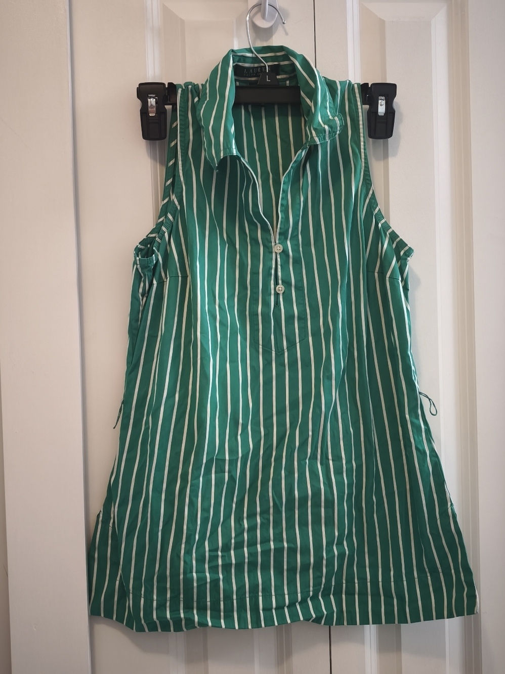 Ralph Lauren Cotton Green Stripe Collared Tunic Top